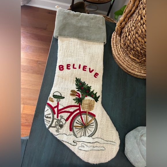 Nicole Miller Christmas stocking. Bike with basket and christmas tree Stocking - Picture 1 of 4